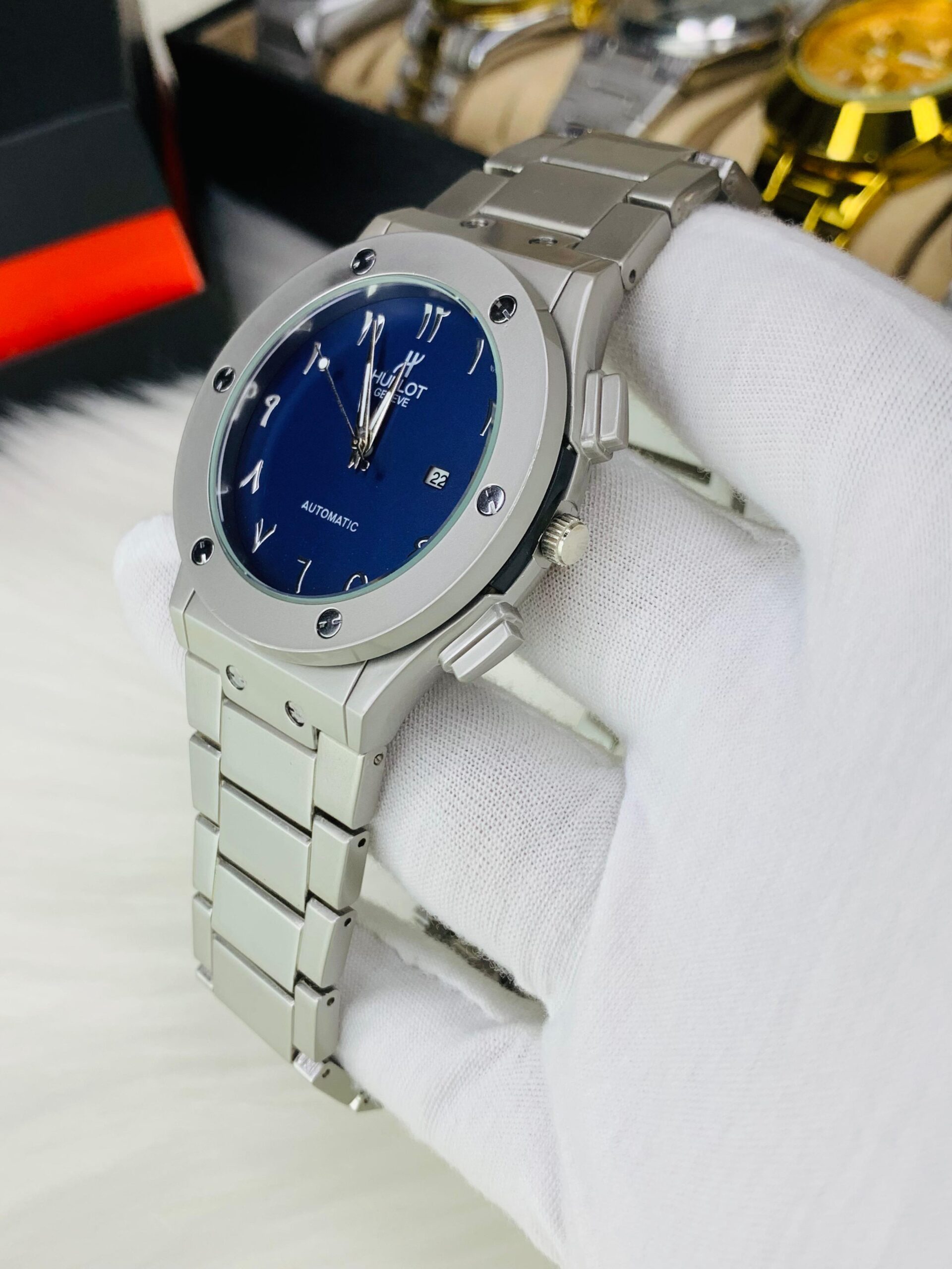 luxury inspired arabic dial watch – blue dial with silver chain luxury inspired arabic dial watch – blue dial with silver chain