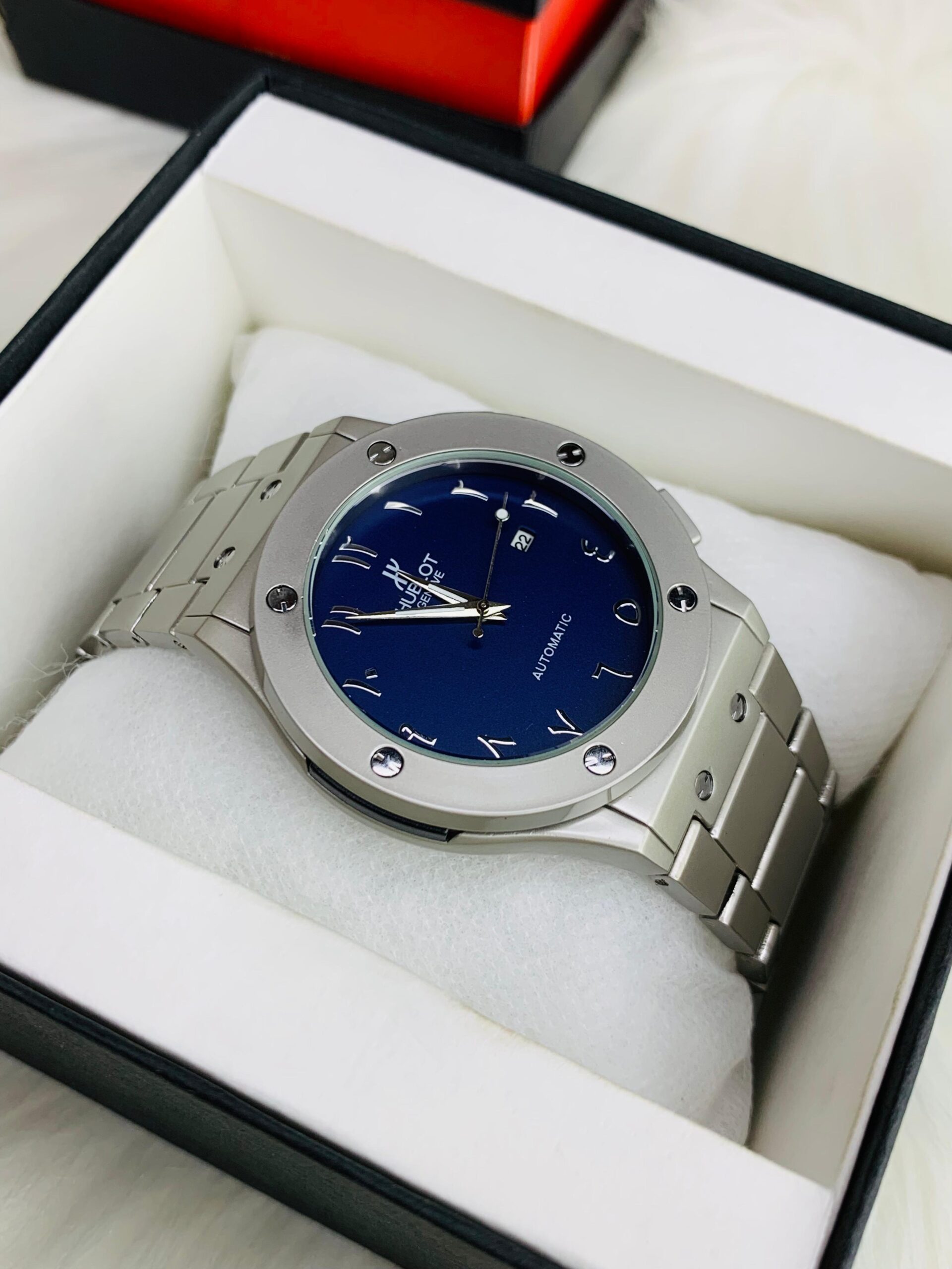 luxury inspired arabic dial watch – blue dial with silver chain luxury inspired arabic dial watch – blue dial with silver chain