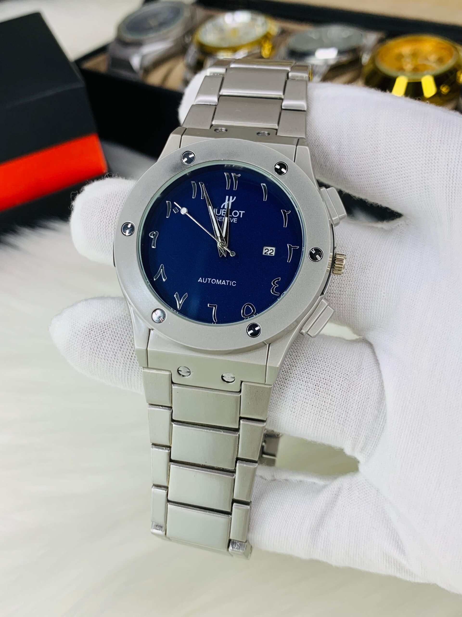 luxury inspired arabic dial watch – blue dial with silver chain luxury inspired arabic dial watch – blue dial with silver chain