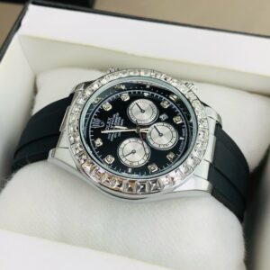 Home luxury rlx watch – black dial with diamond bezel & rubber strap