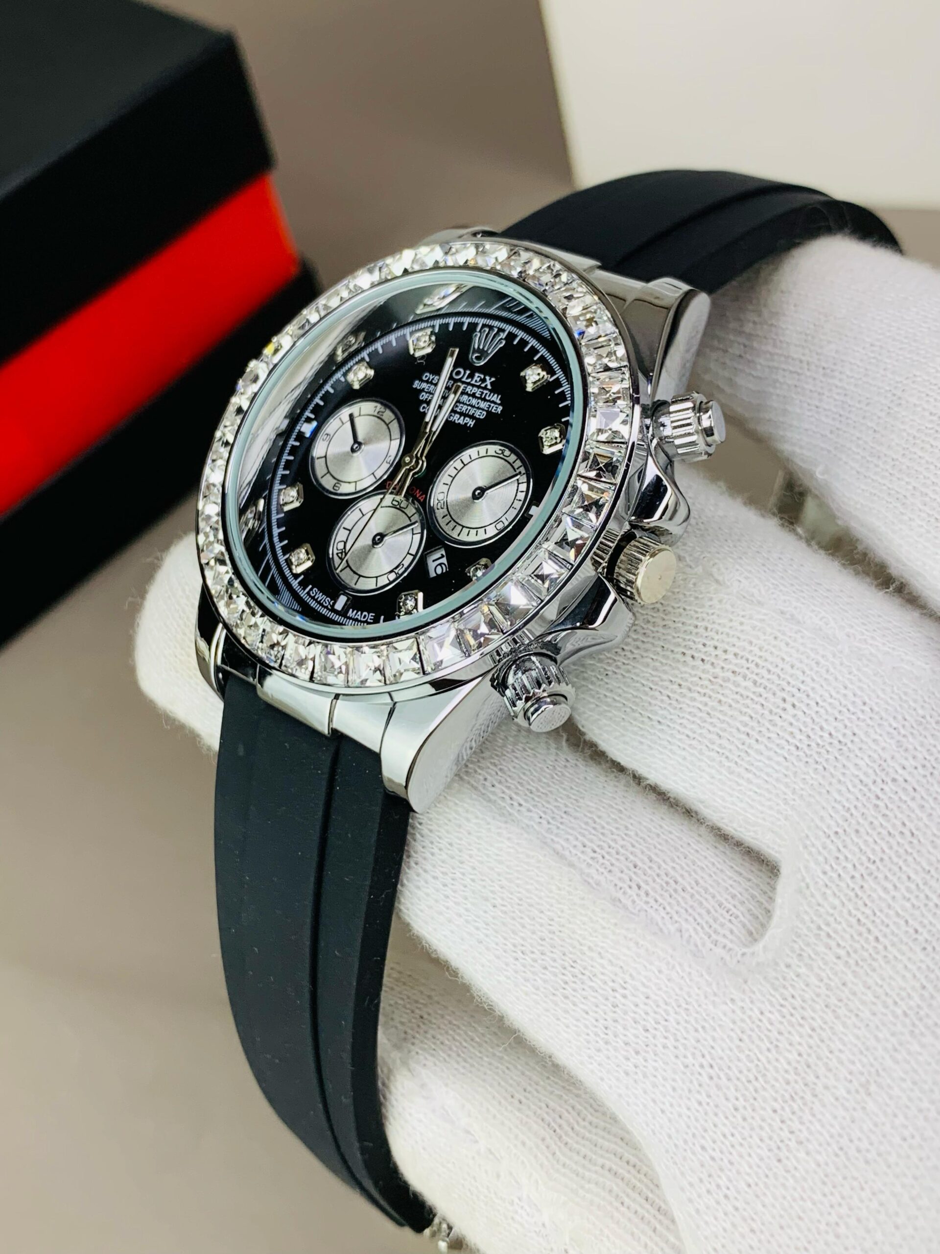 luxury rlx watch – black dial with diamond bezel & rubber strap luxury rlx watch – black dial with diamond bezel & rubber strap
