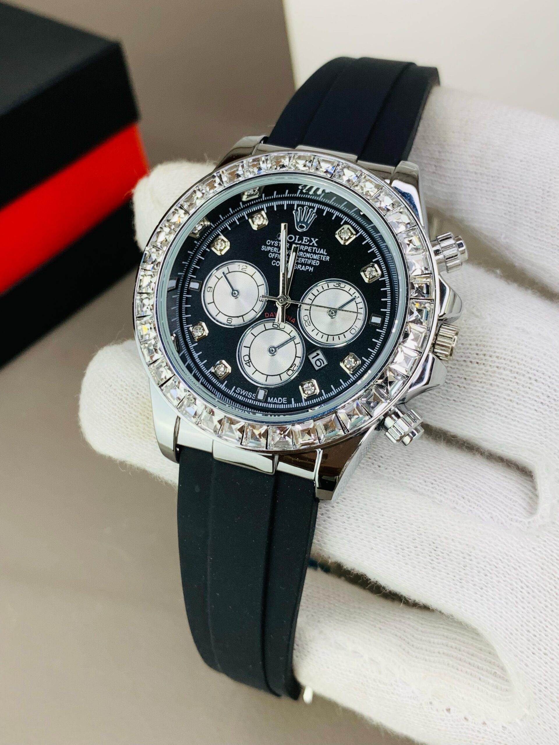 luxury rlx watch – black dial with diamond bezel & rubber strap luxury rlx watch – black dial with diamond bezel & rubber strap